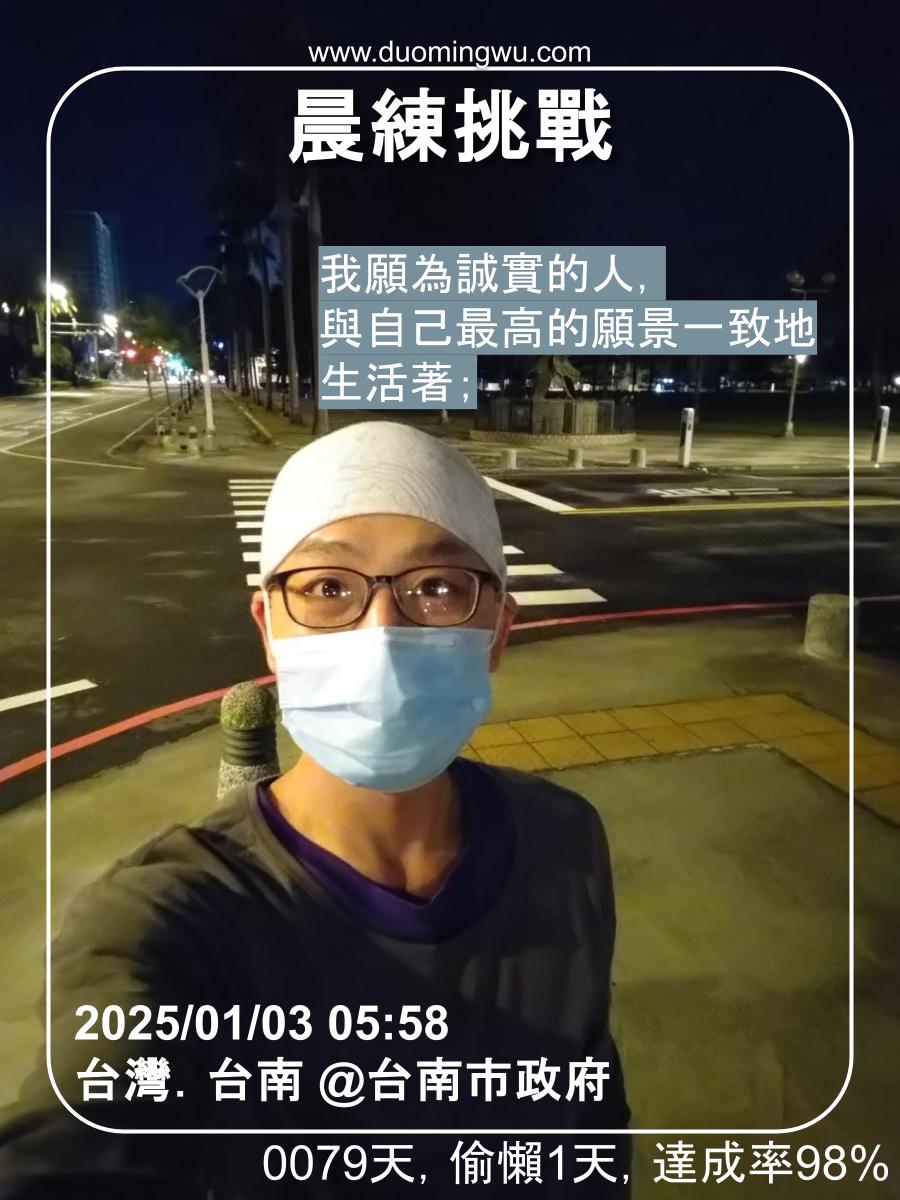 晨練挑戰20250103 0558台灣．台南 @台南市政府0079天，偷懶1天，達成率98%我願為誠實的人，與自己最高的願景一致地生活著；